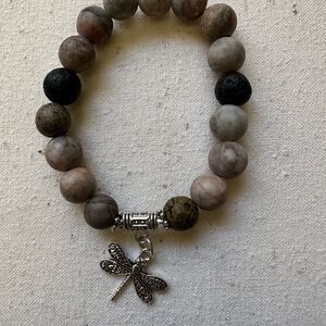 Jasper and Lava Stone Beaded Bracelet with Dragonfly Charm